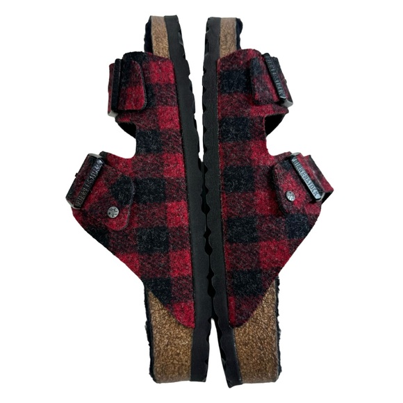 Birkenstock Arizona Shearling Red/Black Buffalo Plaid Slide Sandal Size L10/ M8 - Picture 6 of 16
